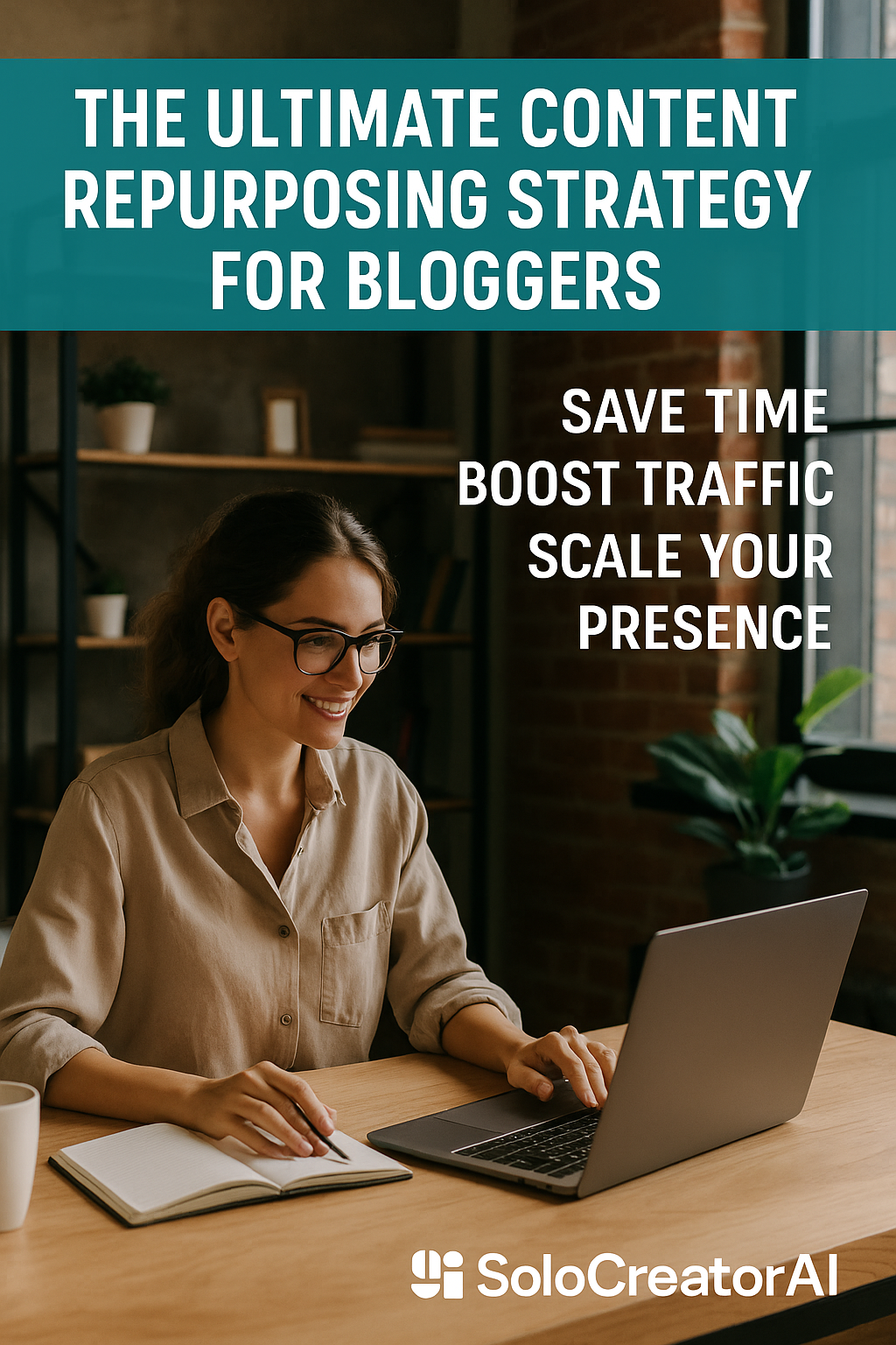 Female blogger working in a stylish home office on a laptop, with bold text promoting content repurposing strategy for bloggers.
