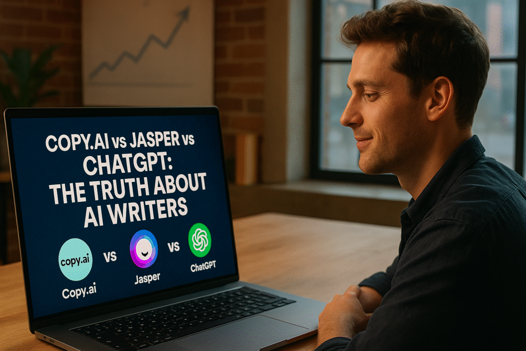 Creator comparing AI writing tools on screen including Copy.ai, Jasper, and ChatGPT in a modern home workspace