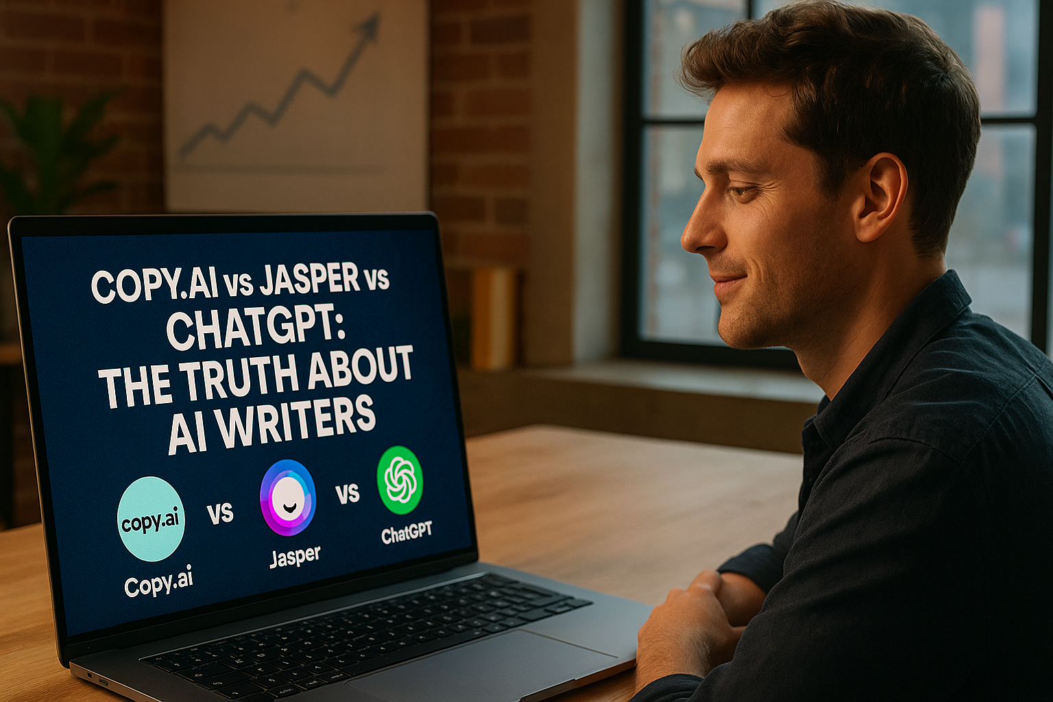 Creator comparing AI writing tools on screen including Copy.ai, Jasper, and ChatGPT in a modern home workspace