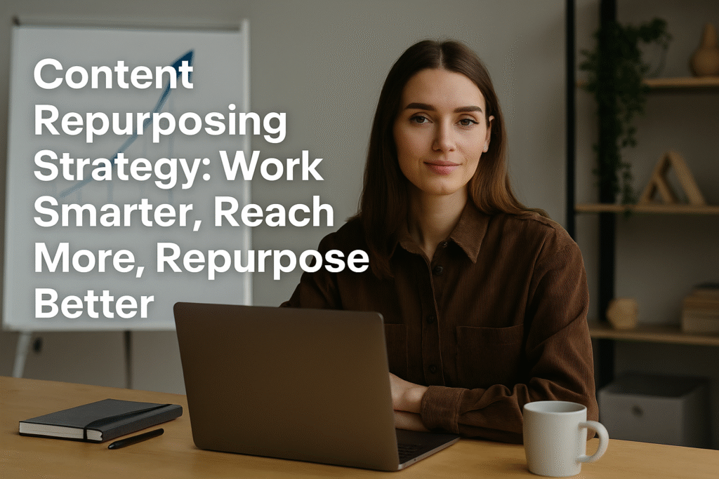 Young female content creator repurposing video and blog content in a modern studio workspace