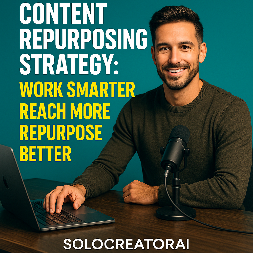 Male creator sitting at a desk with laptop and microphone, promoting content repurposing strategy for smarter, multi-platform growth.