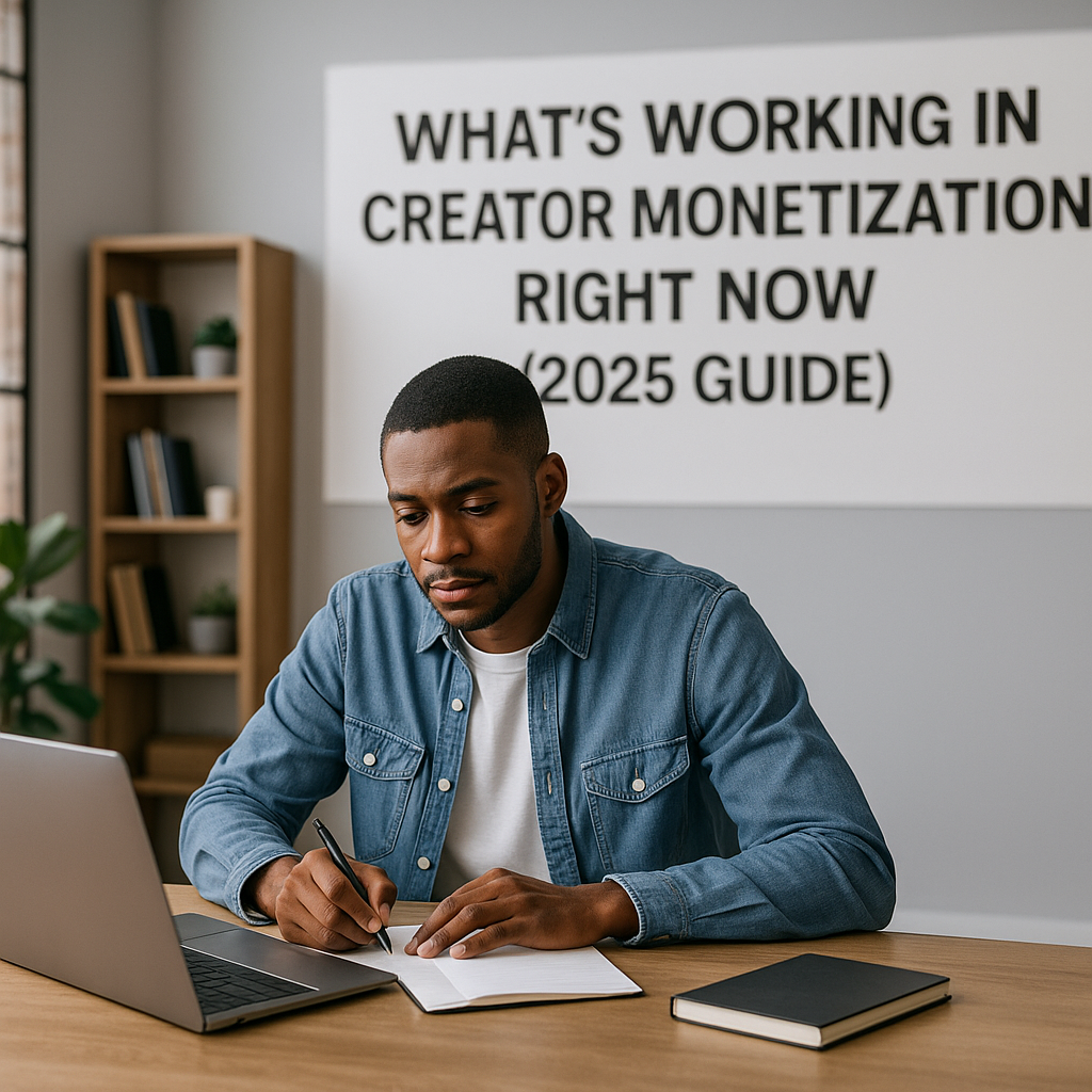 Young solo creator planning a video monetization strategy at their desk with a computer displaying InVideo on screen.