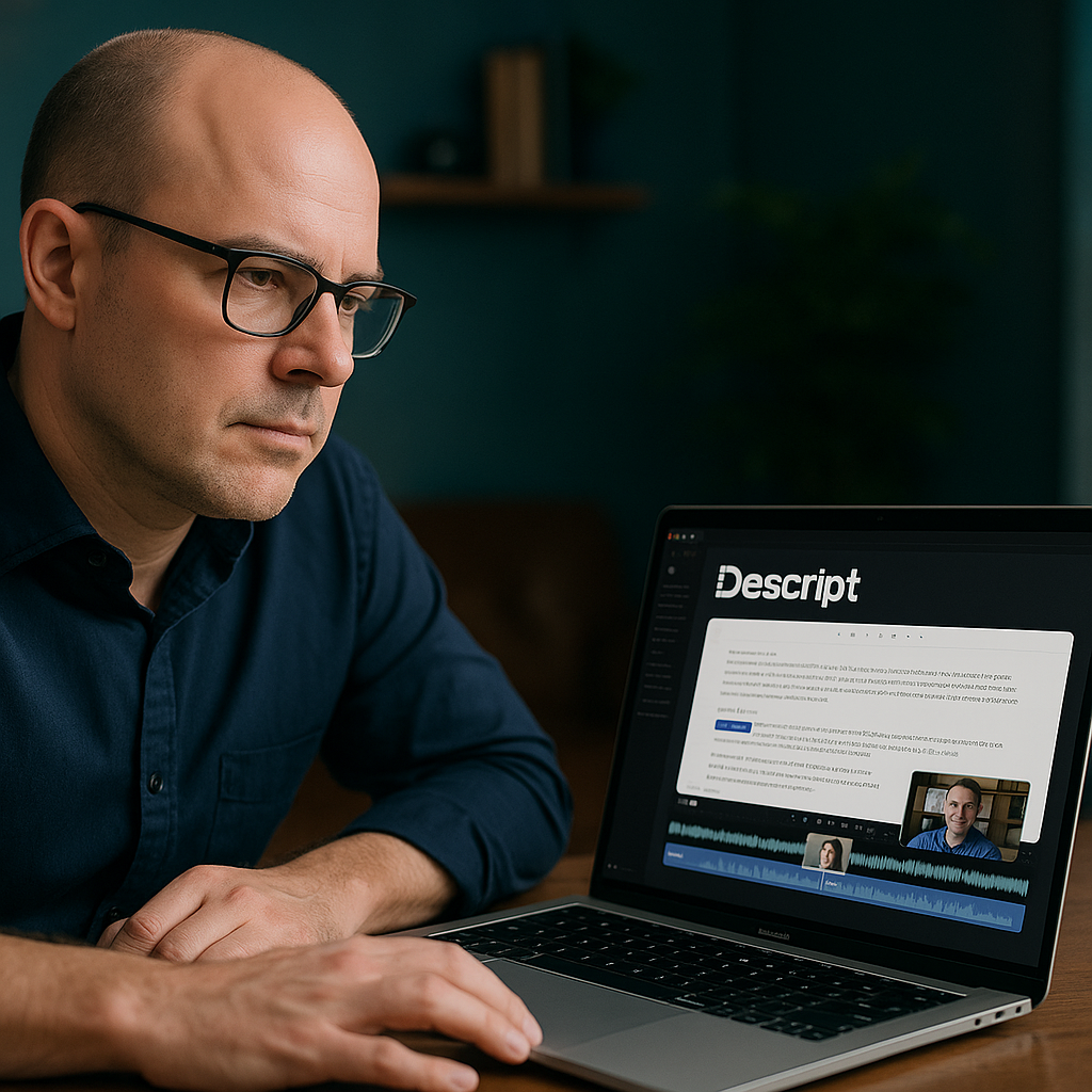 Solo creator editing audio and video content using Descript in a professional home studio environment