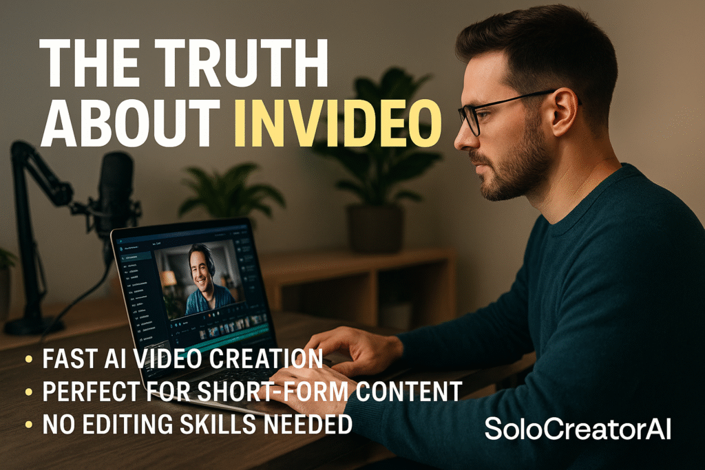 Male content creator using InVideo on a laptop at a desk, with bold overlay text promoting AI video creation and short-form content features.