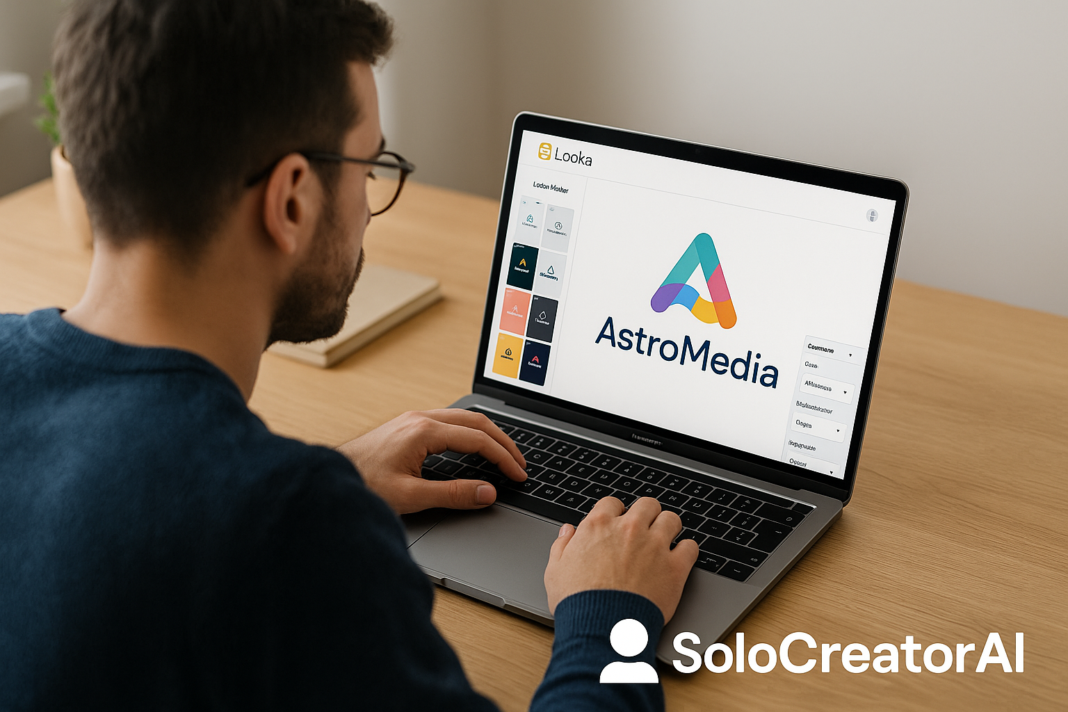 Solo creator designing a logo with Looka on a laptop, with SoloCreatorAI branding