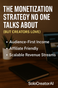 Promotional graphic featuring a solo creator at a desk with laptop and smartphone, highlighting a smart monetization strategy without ads or sponsors.