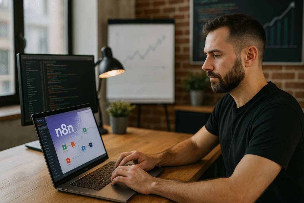 Solo creator in a home office using n8n to build automated workflows on a laptop, representing no-code productivity tools.