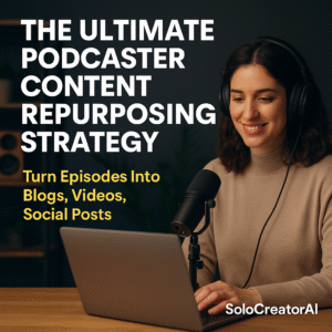 Female podcaster repurposing content on a laptop in a studio, with overlaid text promoting the ultimate podcaster content repurposing strategy.