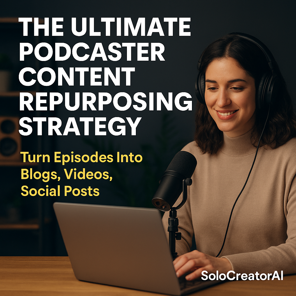 Female podcaster repurposing content on a laptop in a studio, with overlaid text promoting the ultimate podcaster content repurposing strategy.
