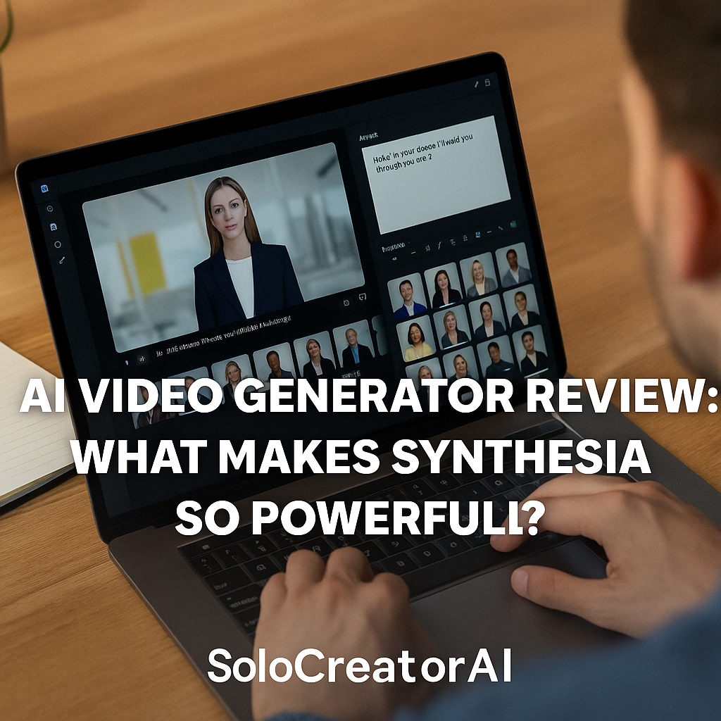 Solo creator using Synthesia AI video generator to create a talking avatar video on a laptop, with SoloCreatorAI branding