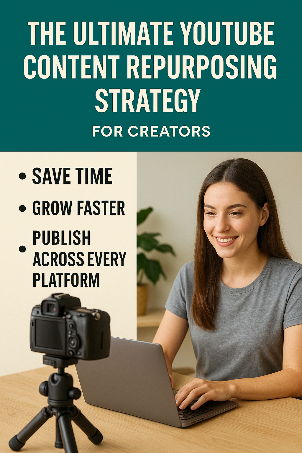 Young female YouTuber repurposing video content using AI tools with camera and laptop, promoting time-saving and cross-platform publishing.